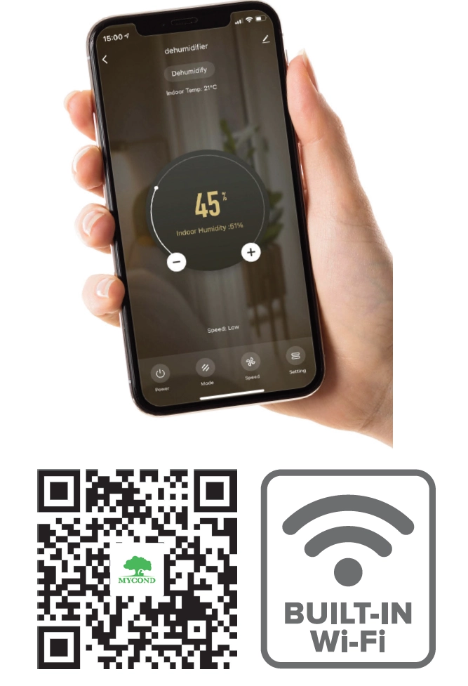 A hand using the MyCond Giant Smart dehumidifier control panel.