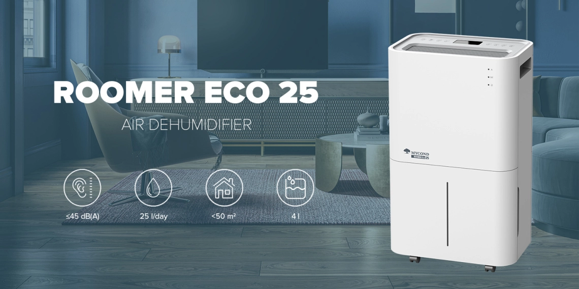 Compact MyCond Roomer Eco 25 dehumidifier ideal for home use.