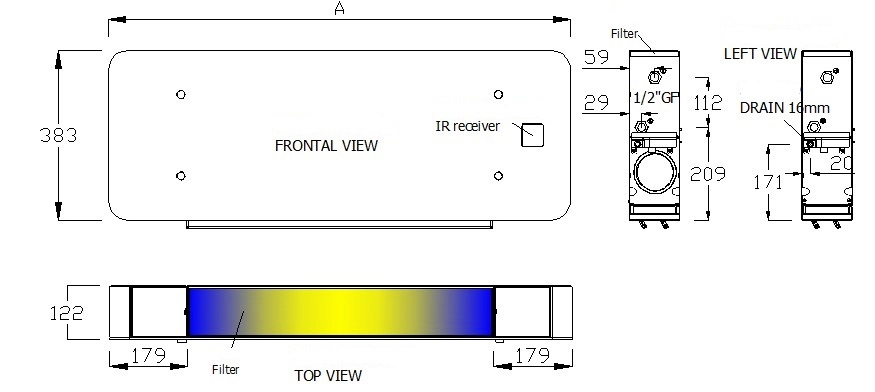 Dimensions and weights of the MyCond Silver Glass Wall fan coil units.