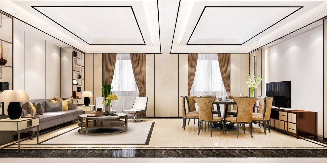 MyCond A luxurious modern dining and living room showcasing a heat pump integrated into the decor.