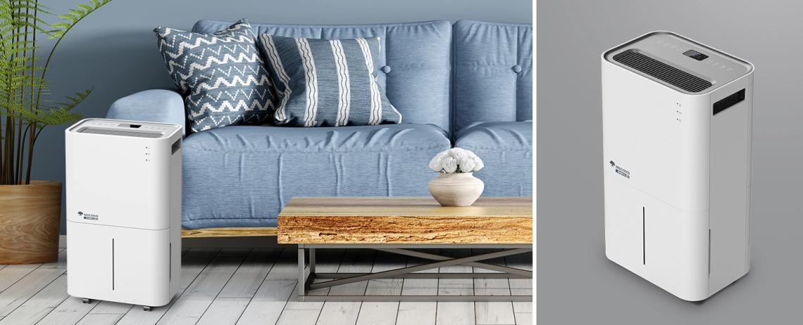 Stylish white MyCond Roomer Eco 25 dehumidifier in action.